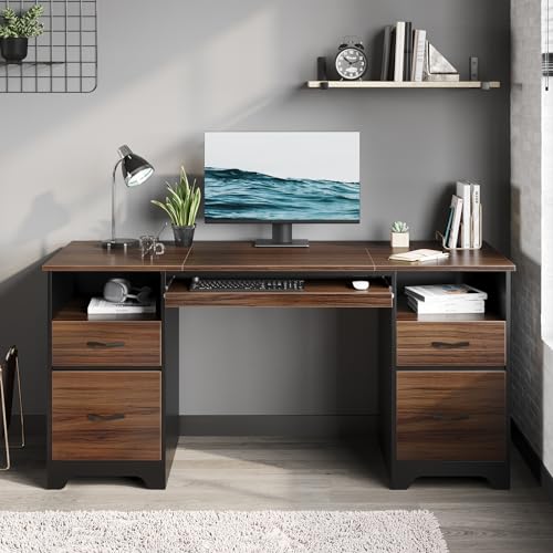 Bestier 59" Computer Desk with 4 Drawers and Storage, Cherry J43092
