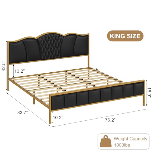 King Bed Frame with Headboard, Faux Leather, Tufted, No Box Spring Needed A8278