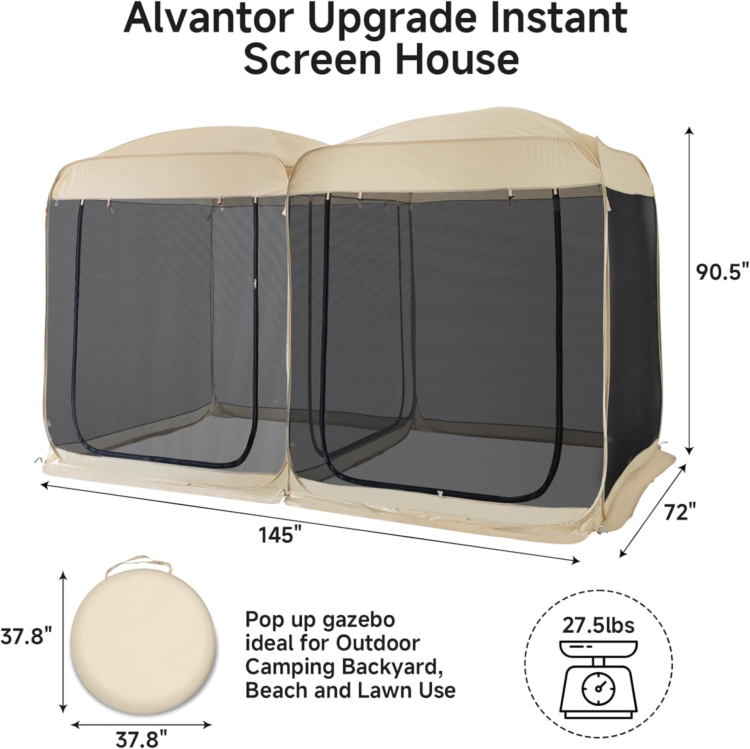 Alvantor Screen House Room 2 in 1 Pop Up Gazebo with Mesh Mosquito Netting, 12' x 7.5', Beige S93613