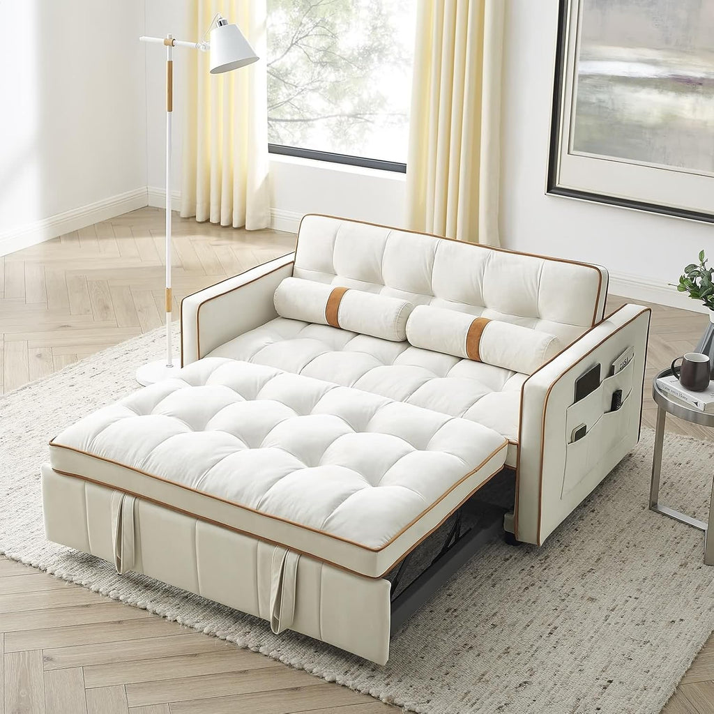 Modern 55.5" Pull Out Sleep Sofa Bed with Side Pockets, Beige K31338
