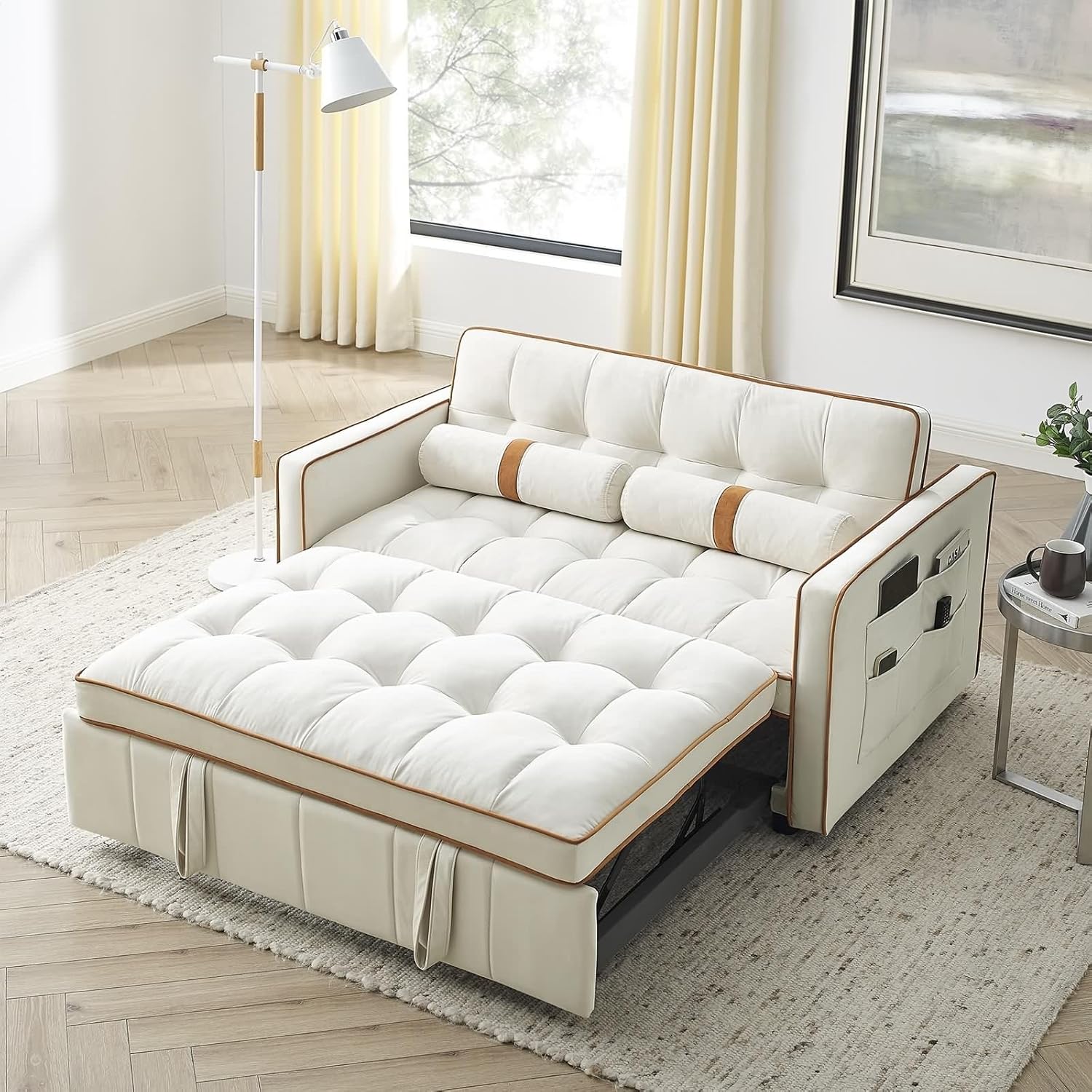 Modern 55.5" Pull Out Sleep Sofa Bed with Side Pockets, Beige K31338