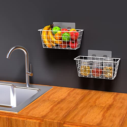 MaraFansie Wall Wire Baskets 2 Pack, White, No Drilling Adhesive Mount M2794