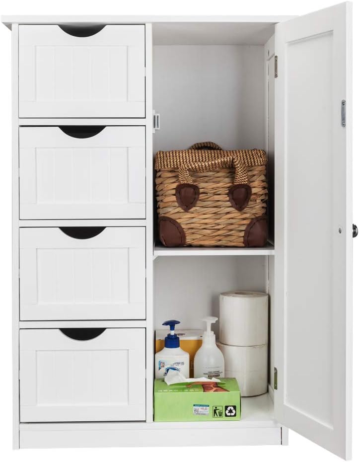 Bathroom Floor Cabinet storage unit with 4 Dawers and Single Door Cabinet, Entryway Storage Cabinet, Freestanding Storage Cabinet for Living Room Kitchen Hallway, White 21.7"L x 11.8"W x 31.9"H