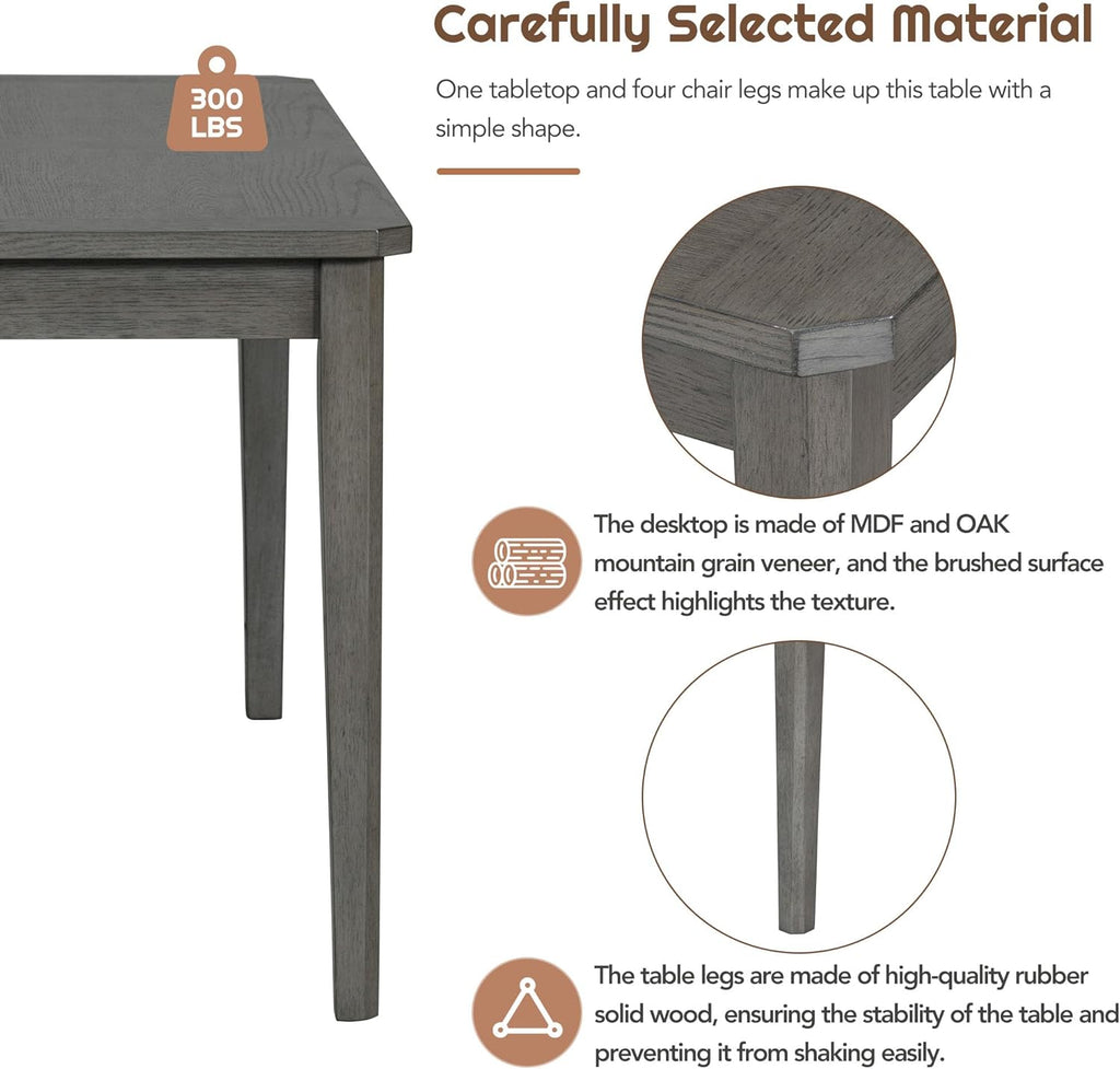 Retro 6-Piece Dining Table Set with 4 Upholstered Chairs and Bench, Solid Wood, Dark Gray Y1797