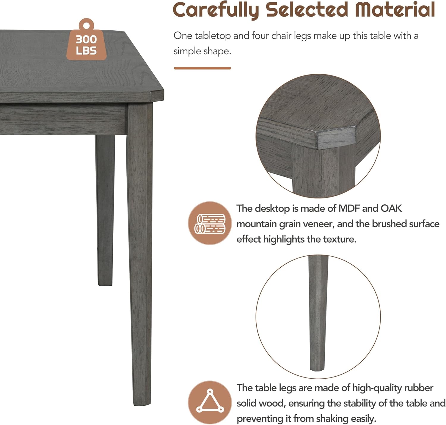 Retro 6-Piece Dining Table Set with 4 Upholstered Chairs and Bench, Solid Wood, Dark Gray Y1797