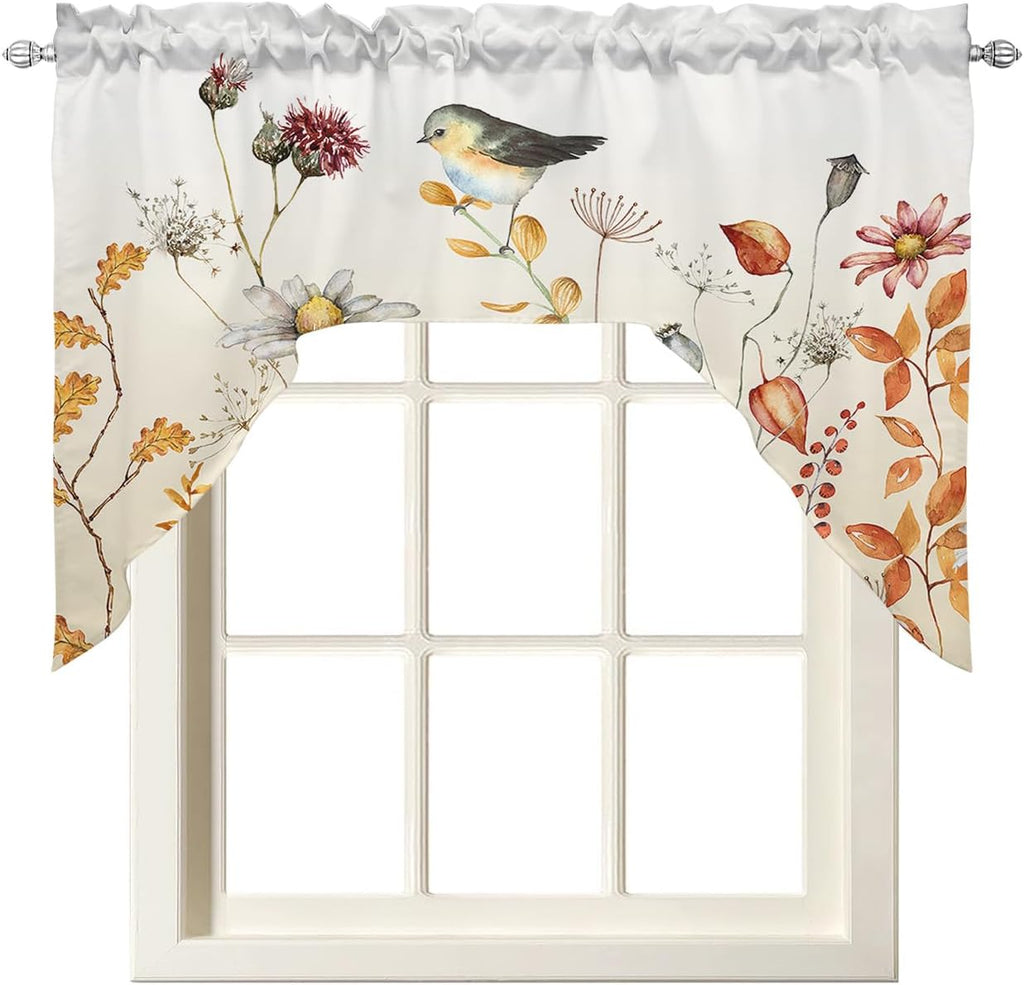 Fall Flower Bird Swag Valance Kitchen Curtains, Rod Pocket, Eucalyptus Leaves 56''x36'' X32867