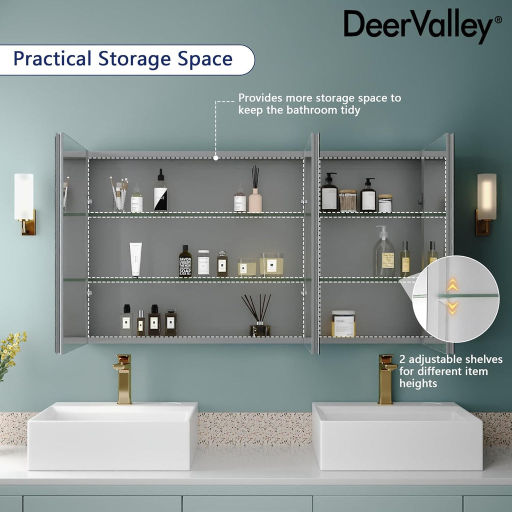 DeerValley 48 inch Aluminum 3 Door Frameless Wall Mount Medicine Cabinet with Mirror S776