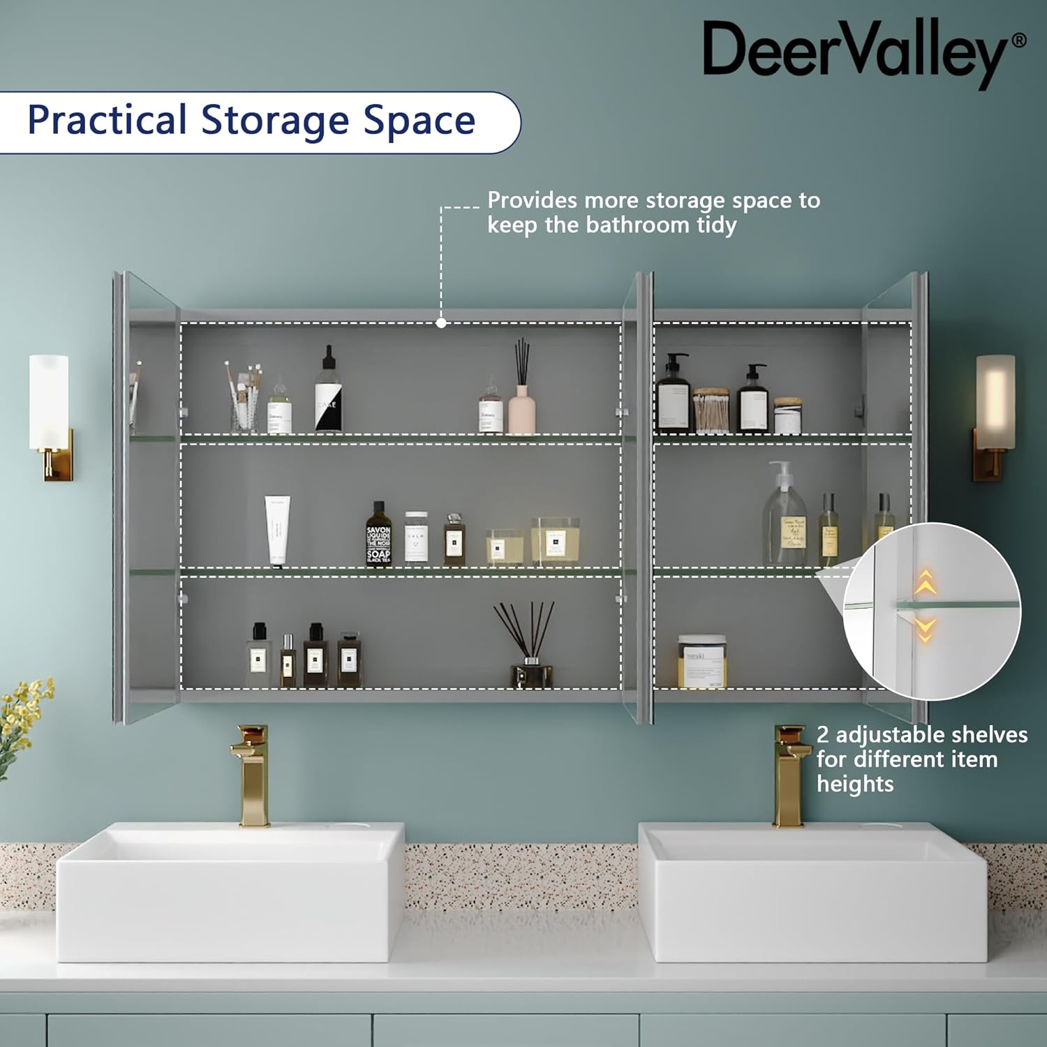 DeerValley 48 inch Aluminum 3 Door Frameless Wall Mount Medicine Cabinet with Mirror S776