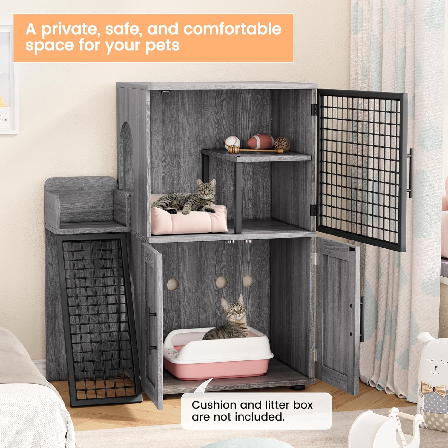 Towallmark Modern Villa Cat Litter Box Enclosure with Platform, Large Cat Cabinet, Wax Wood E336