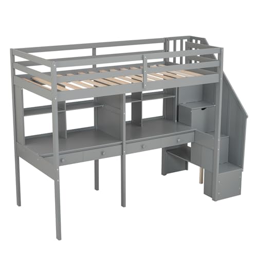 Full Size Loft Bed with Desk, Wardrobe and Storage Drawers, Gray N7914