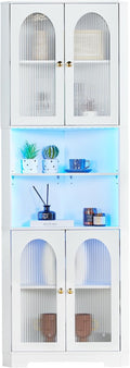 70.86" Tall Corner Cabinet with 4 Glass Doors & LED, White Corner Storage Cabinet with 6 Shelves, Modern Corner Bathroom Cabinet Organizer for Bathroom Living Room Kitchen Dining Room Office