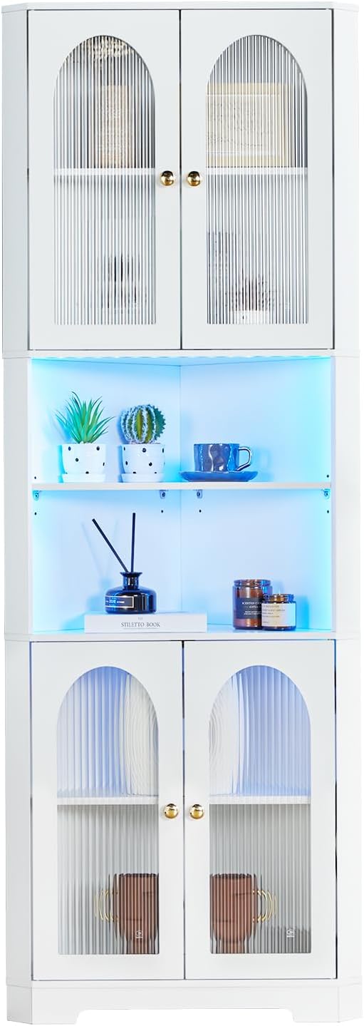 70.86" Tall Corner Cabinet with 4 Glass Doors & LED, White Corner Storage Cabinet with 6 Shelves, Modern Corner Bathroom Cabinet Organizer for Bathroom Living Room Kitchen Dining Room Office