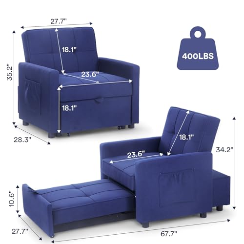3 in 1 Convertible Sleeper Sofa Bed with 2 Pillows, Blue Y62815