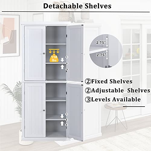 Kitchen Pantry Cabinet, 72.4-inch Tall Storage Cabinet with 4 Doors, White O355557