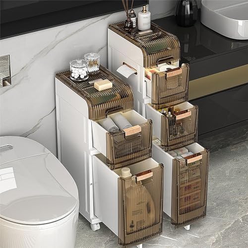 Narrow Bathroom Floor Storage Cabinet with Multi-layer Drawers and Wheels R336139