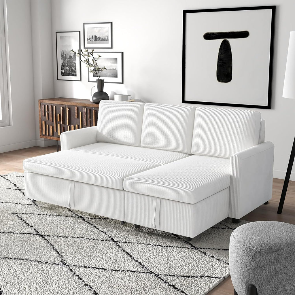 Convertible Sleeper Sofa Bed 3 in 1, Corduroy L-Shaped Sectional with Storage, Beige I696464