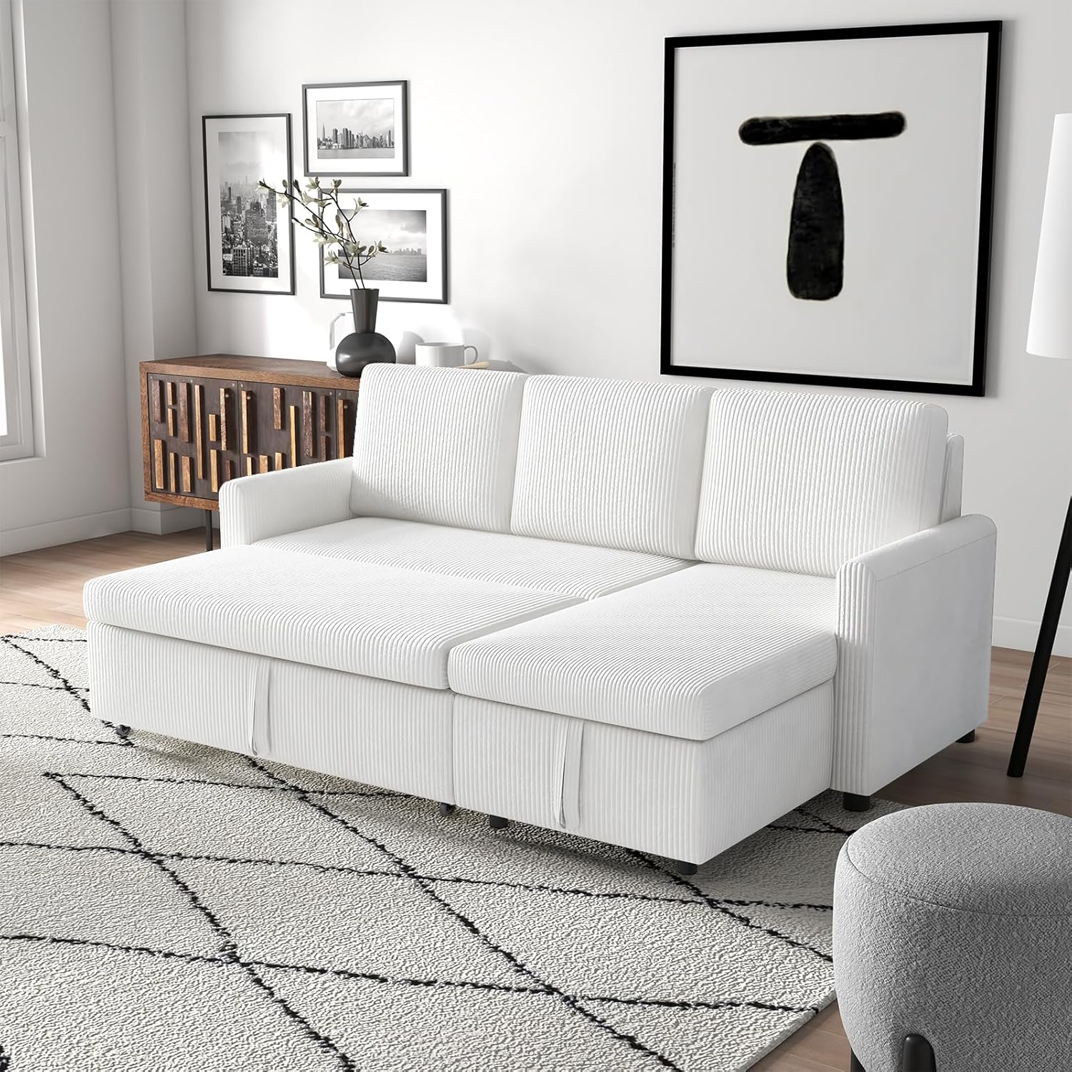 Convertible Sleeper Sofa Bed 3 in 1, Corduroy L-Shaped Sectional with Storage, Beige I696464