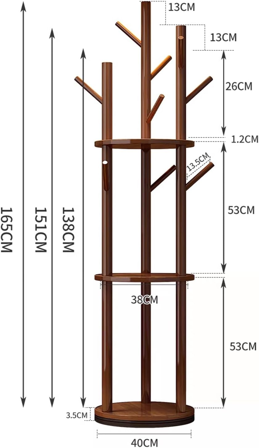 Rotary Coat Rack, Wooden Freestanding with 3 Shelves and 9 Hooks, Walnut F8917