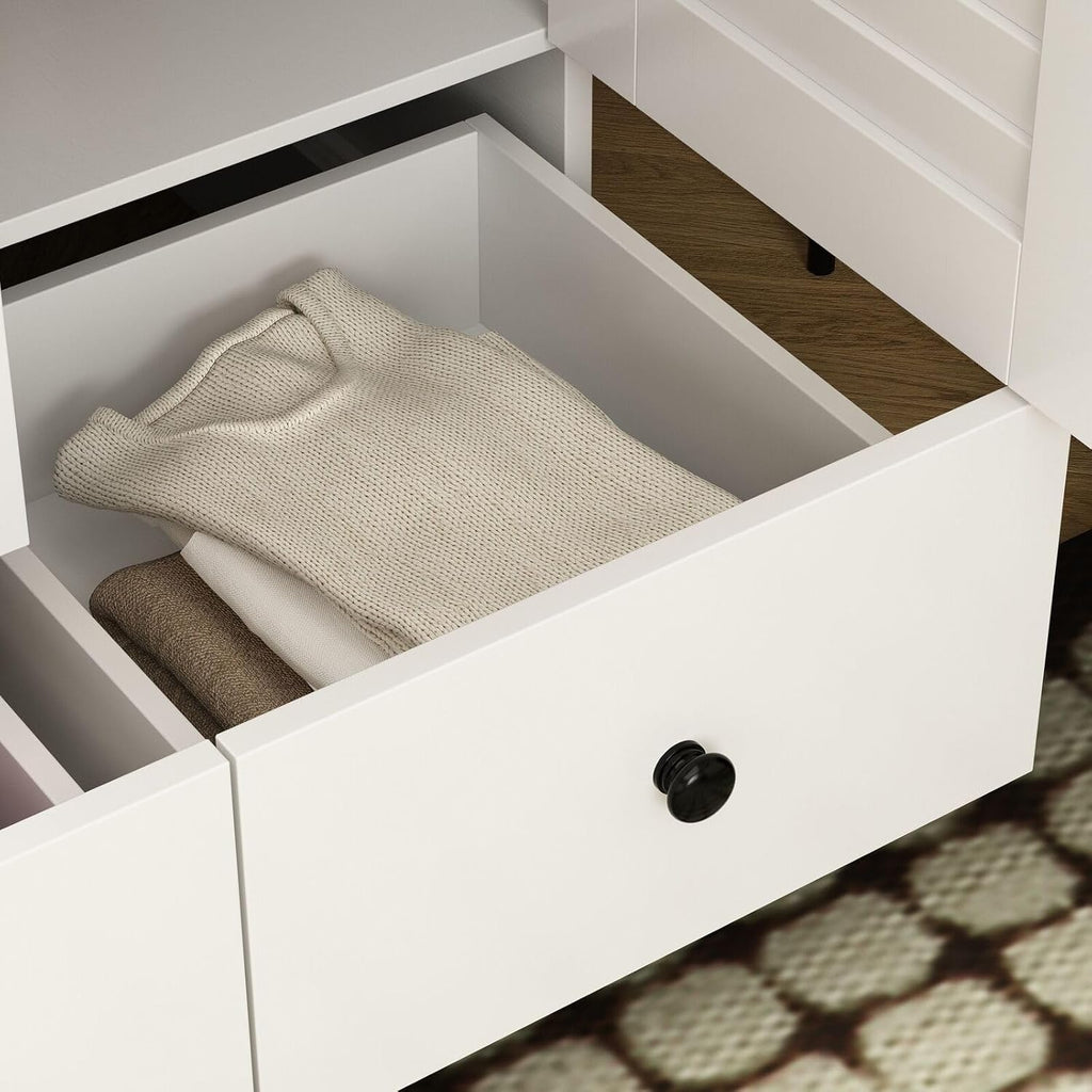 Rustic White Slat Door Wardrobe Closet with 5 Drawers and 4 Doors T542480