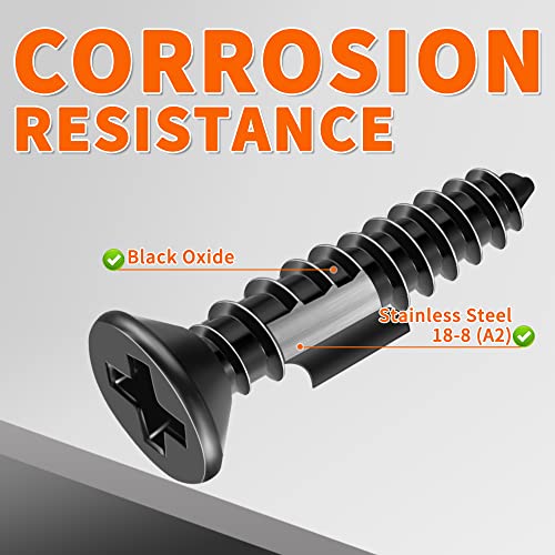 100 PCS #4 x 3/8 inch Stainless Steel Wood Screws, Black Coated Flat Head Phillips by TPOHH Q403558