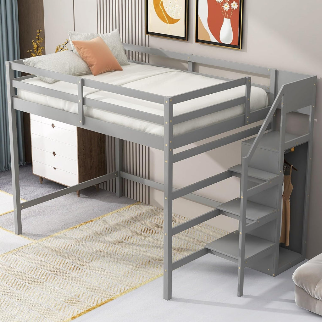 Gray Full Size Wooden Loft Bed with Storage Wardrobe and Staircase Guardrails T662