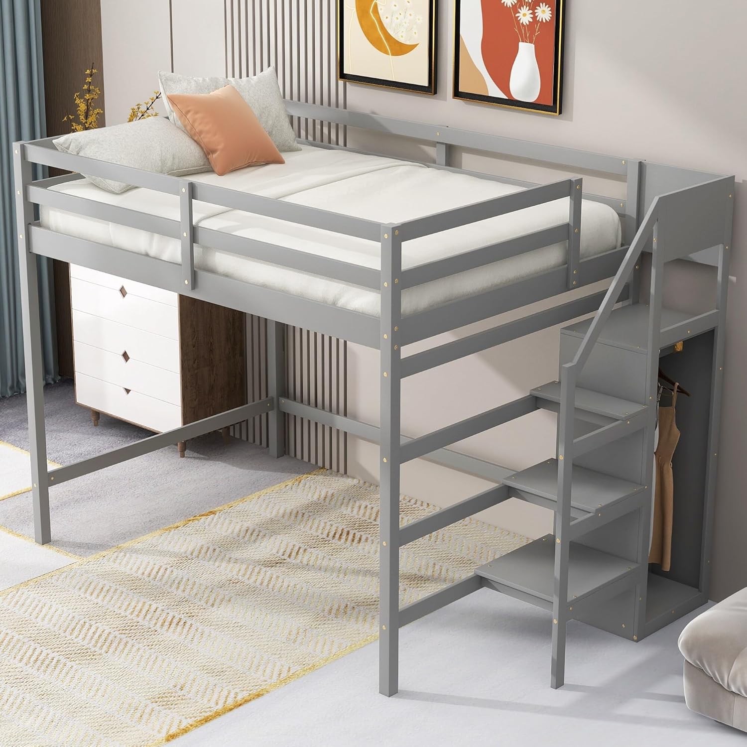 Gray Full Size Wooden Loft Bed with Storage Wardrobe and Staircase Guardrails T662
