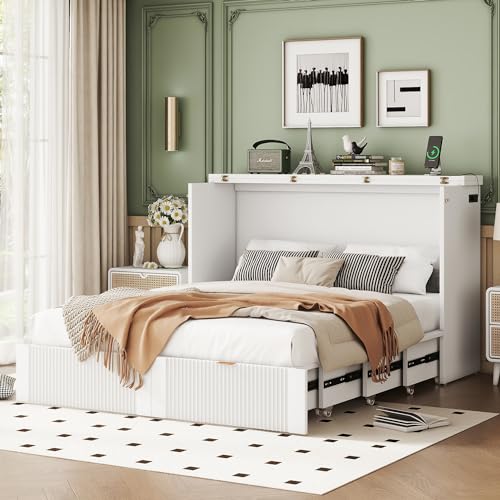 Merax Full Size Murphy Bed Cabinet with Storage, Wood Folding Wall Bed with Drawer, Sockets & USB Ports, for Guest Room, Home Office, Grey