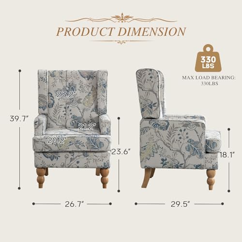 Simore Wingback Accent Chairs Set of 2, Floral Upholstered Armchair with Wood Legs, Blue W895616