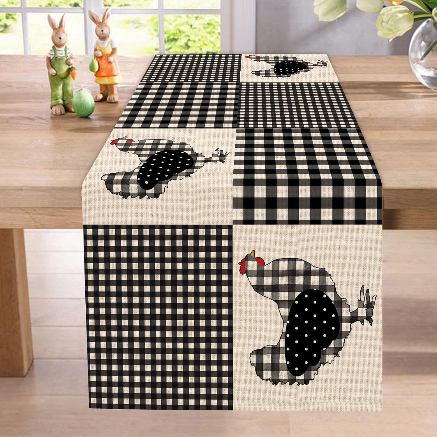 Seliem Farm Animal Chicken Hen Black White Buffalo Plaid Table Runner 13x72 K645263