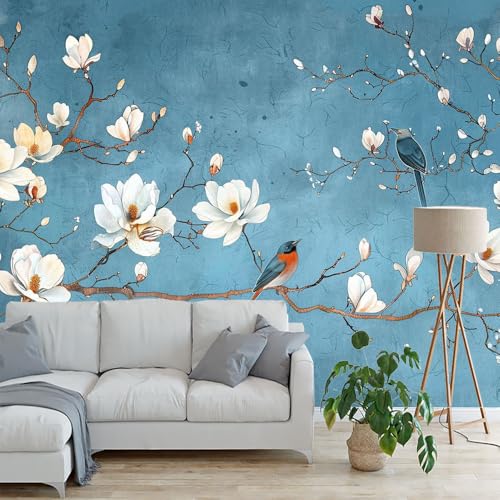 Nordic Flowers Birds Beige Wall Mural Wallpaper A372370