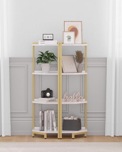 4-Tier White Gold Corner Bookshelf with Metal Frame R918