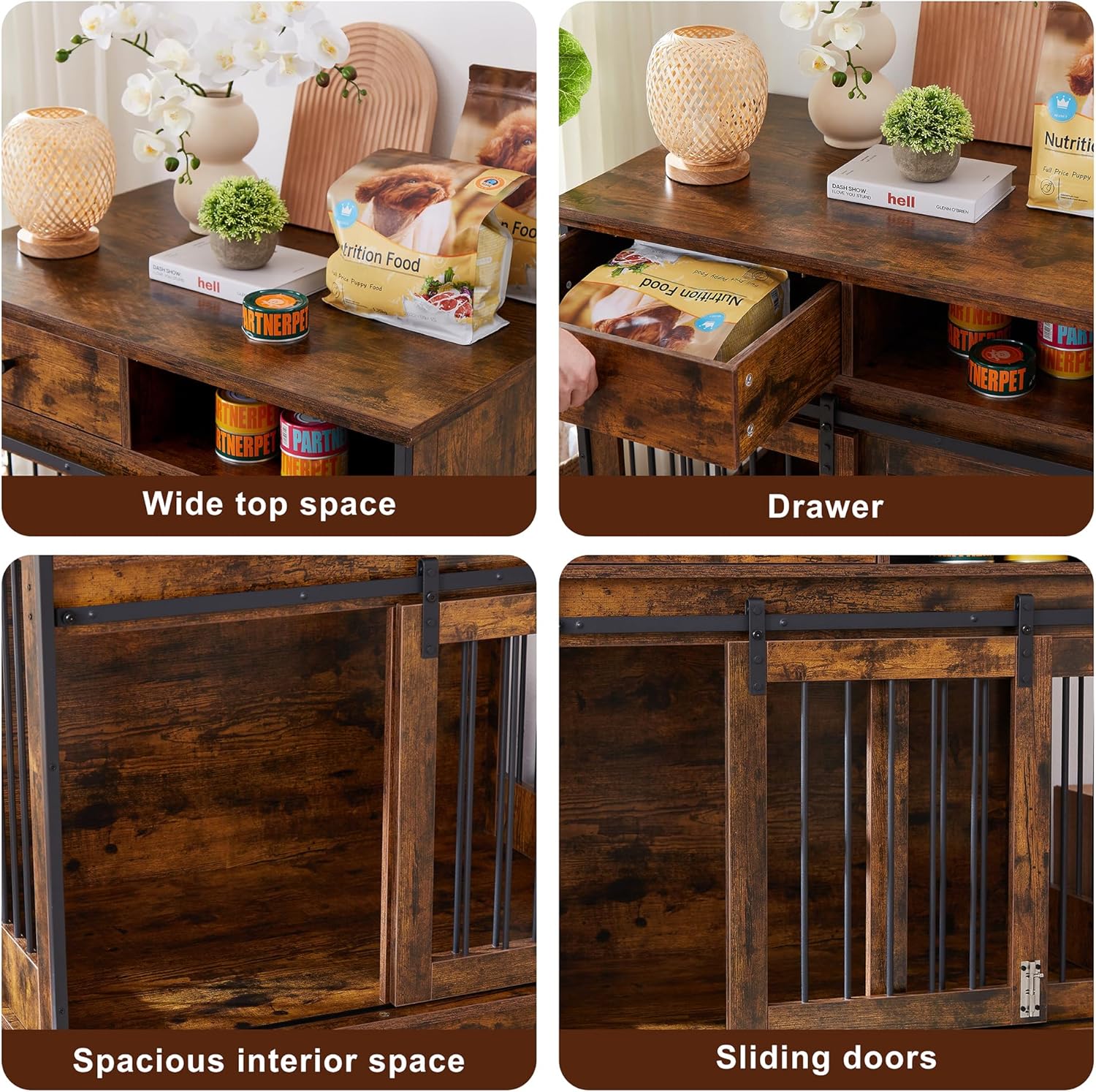 Furniture Style Dog Crate with Sliding Barn Door and Storage Drawers, Rustic Brown B737992