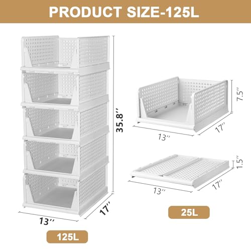 Stackable Plastic Storage Basket Foldable Closet Organizer White Large E203171