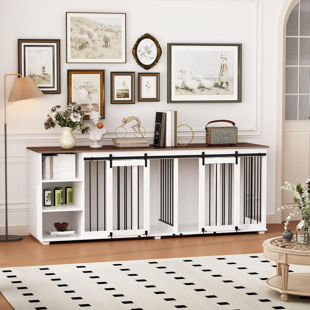 Large Dog Crate Furniture 86.6" Wooden Kennel for 2 Dogs with Shelves, White N47059