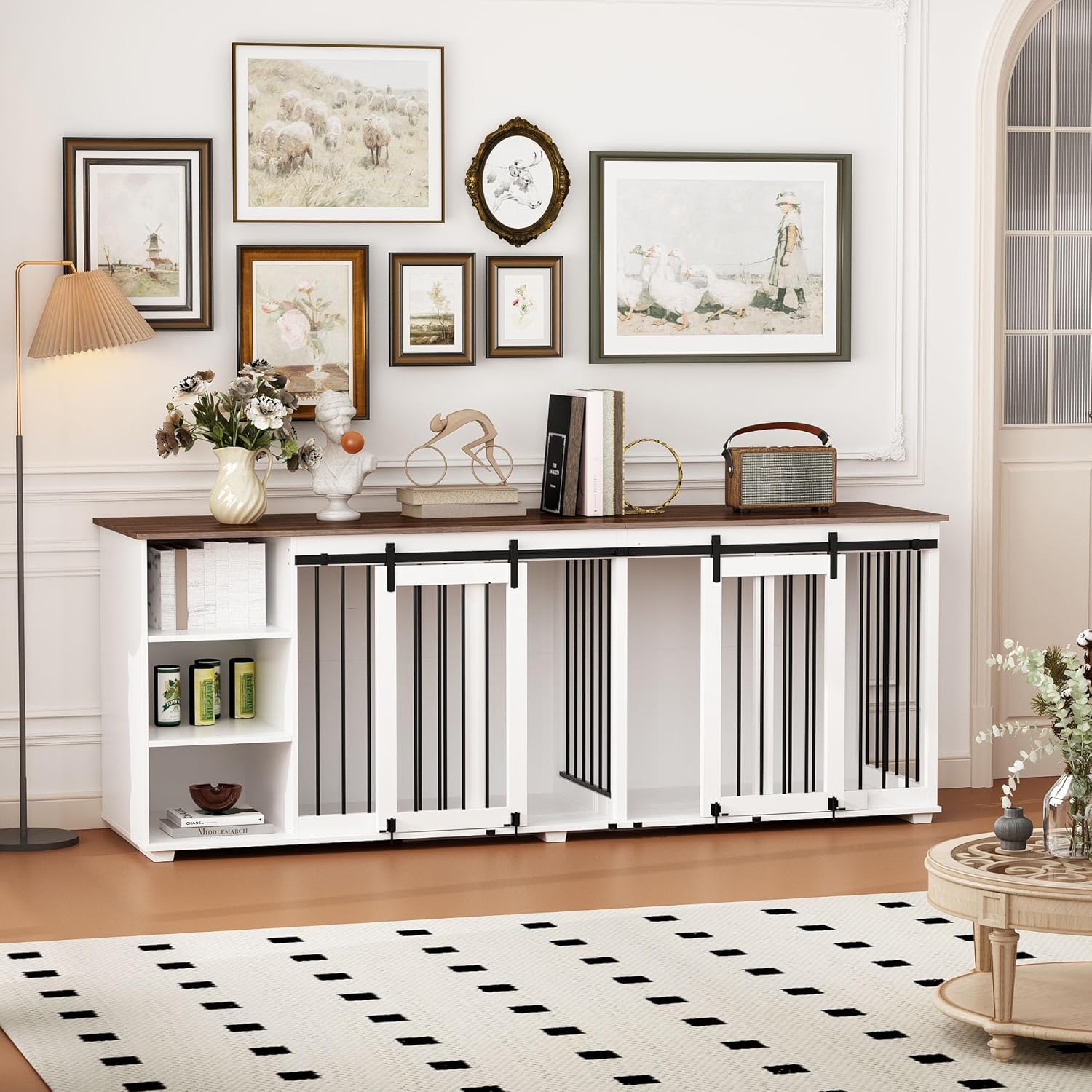 Large Dog Crate Furniture 86.6" Wooden Kennel for 2 Dogs with Shelves, White N47059