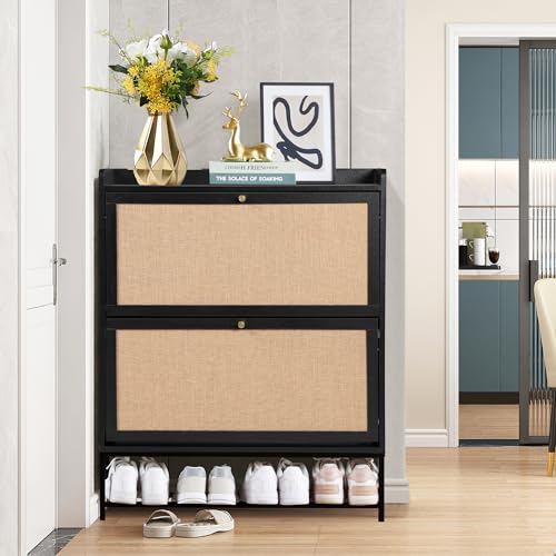 LEVNARY Shoe Cabinet Set of 2, Wooden Narrow Shoe Racks with 2 Flip Drawers, Walnut U726126
