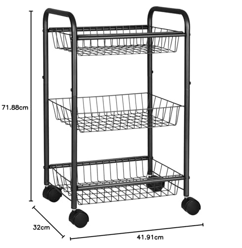 SONGMICS 3-Tier Metal Rolling Utility Cart with Lockable Wheels, Black H714846