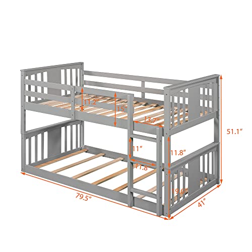 Harper & Bright Designs Solid Wood Twin over Twin Low Bunk Bed with Ladder and Guard Rail, Gray B944521