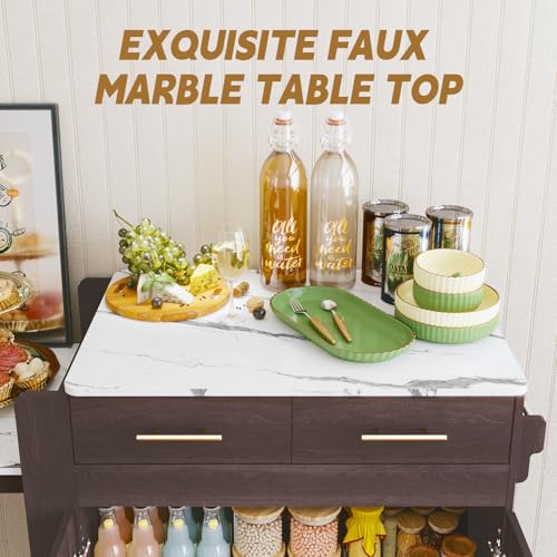 HLR Extendable Kitchen Island on Wheels with Power Outlet, Marble Grain Top G387582