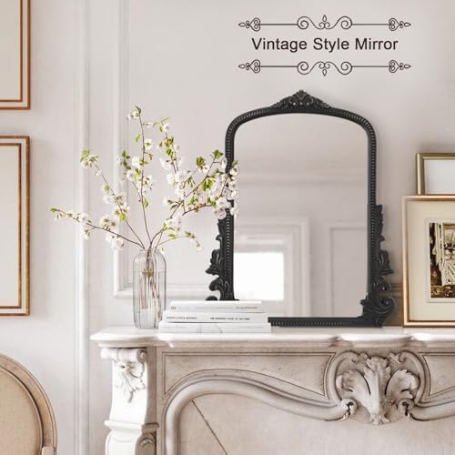 Black Antique Arched Wall Mirror Wooden Frame Baroque Style R6980