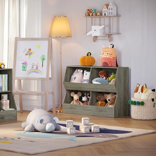 DINZI LVJ Kids Bookshelf, Wooden Toy Storage Organizer, 4 Cubby, Greige Z2289