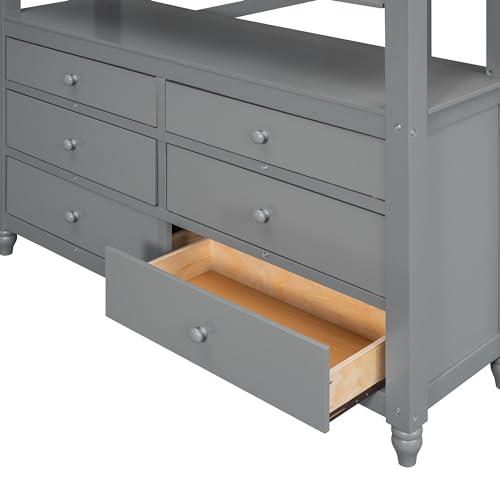 Gray Twin Loft Bed with Storage Cabinet and Desk, Wooden Frame with Bookcase I9318
