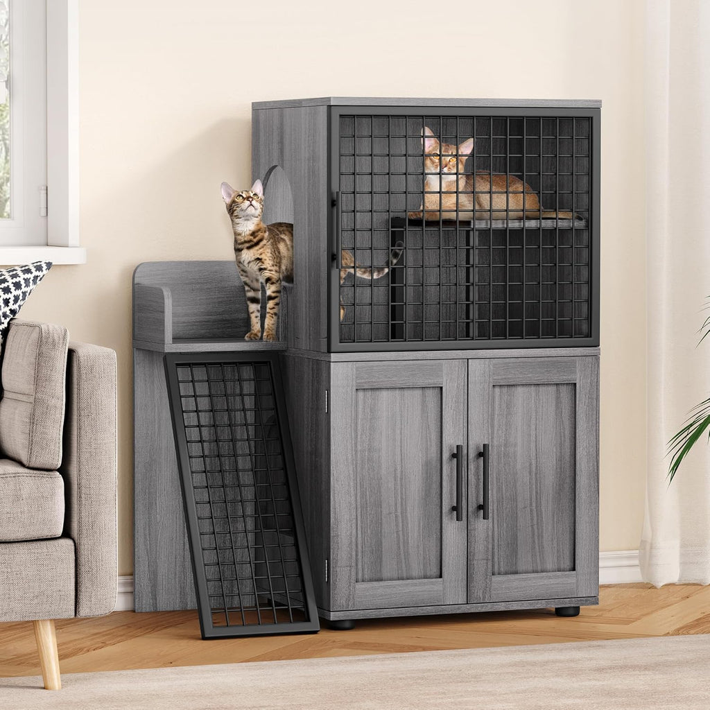Towallmark Modern Villa Cat Litter Box Enclosure with Platform, Large Cat Cabinet, Wax Wood E336