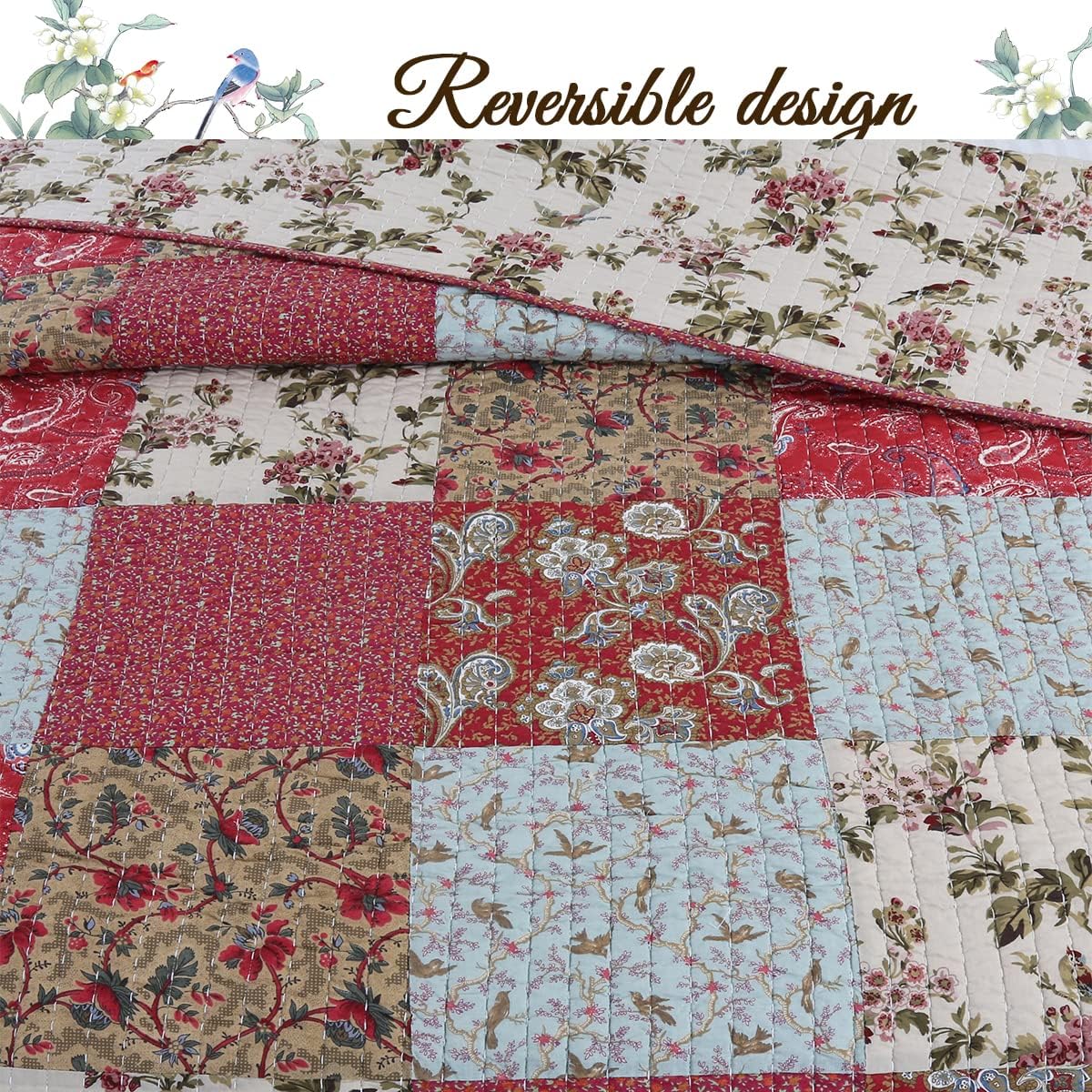 Cozy Line Home Fashions Adeline Red Teal Khaki Floral Cotton Reversible Coverlet Bedding Set Queen U44928