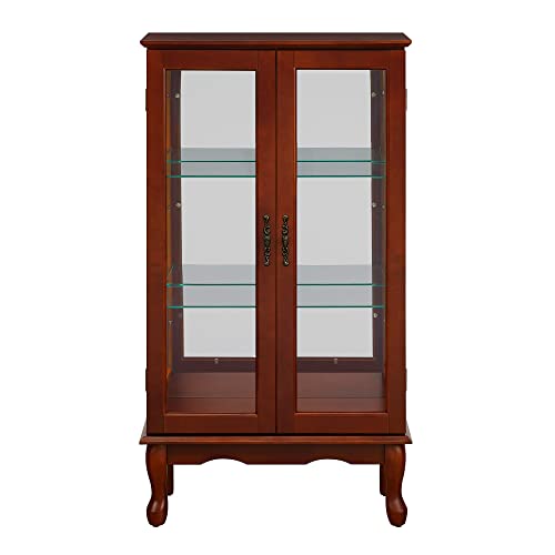 Lighted Wooden Corner Curio Cabinet with Mirrored Back Panel, Oak G380558