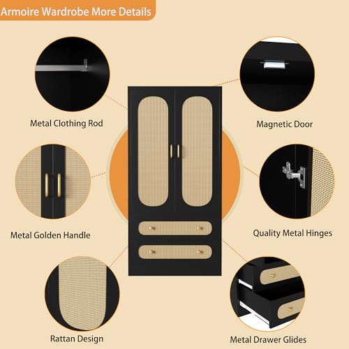 2 Door Rattan Wood Wardrobe with Drawers & Hanging Rail, Black A31157