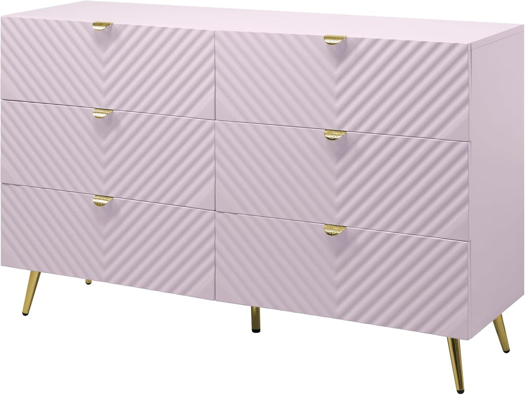 Acme Gaines 6-Drawer Contemporary Wood/Metal Dresser in Pink High Gloss
