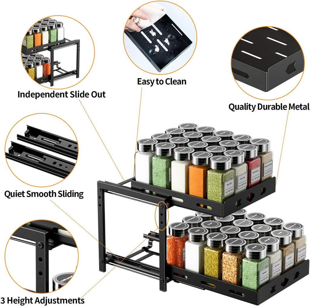 RCHYFEED 2-Tier Pull Out Spice Rack Organizer for Cabinet, Black A60971