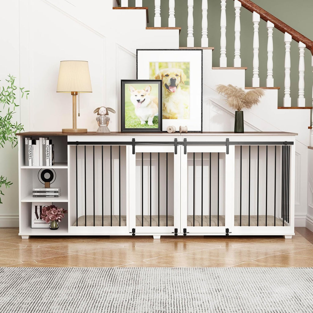 Large Dog Crate Furniture 86.6" Wooden Kennel for 2 Dogs with Shelves, White N47059