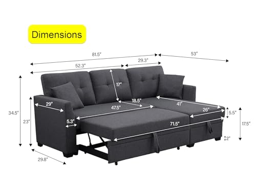 Small Sleeper Sofa Bed with Pull Out Couch and Storage, L Shaped Chaise, 81" Grey Q6546
